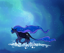 Size: 790x660 | Tagged: safe, artist:jroxs12pone, derpibooru import, princess luna, alicorn, pony, abstract background, dream realm, female, leonine tail, mare, running, solo, stars, tail, windswept mane