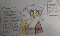 Size: 2048x1225 | Tagged: safe, artist:pony quarantine, derpibooru import, gilda, griffon, blushing, cute, flustered, gildadorable, solo, sweat, talking to viewer, tomboy, traditional art