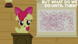 Size: 1280x720 | Tagged: safe, derpibooru import, edit, edited screencap, editor:quoterific, screencap, apple bloom, earth pony, pony, on your marks, season 6, apple bloom's bow, bow, clubhouse, crusaders clubhouse, ears, female, filly, floppy ears, foal, hair bow, open mouth, solo, text