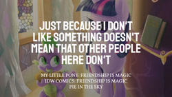 Size: 1280x720 | Tagged: safe, derpibooru import, edit, editor:quoterific, idw, spike, twilight sparkle, twilight sparkle (alicorn), alicorn, dragon, pony, duo, female, male, mare, pie in the sky, text