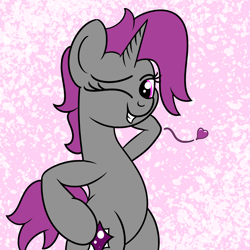 Size: 2000x2000 | Tagged: safe, artist:dafiltafish, derpibooru import, oc, oc:stardust, pony, unicorn, abstract background, bipedal, female, floating heart, heart, horn, looking at you, mare, one eye closed, pink background, pose, simple background, unicorn oc, wink