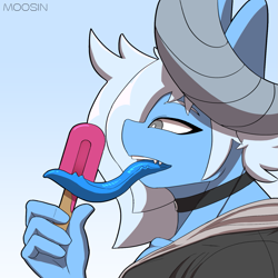 Size: 1457x1455 | Tagged: safe, artist:mopyr, derpibooru import, oc, oc only, oc:moosin, anthro, original species, blue tongue, choker, clothes, femboy, food, horn, ice cream, licking, long tongue, male, solo, tongue, tongue out