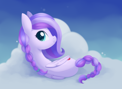 Size: 2900x2128 | Tagged: safe, artist:dusthiel, derpibooru import, oc, oc only, oc:fluffy cloud, pegasus, pony, braid, braided tail, cloud, female, looking at you, looking back, looking back at you, lying down, lying on a cloud, mare, on side, rear view, smiling, smiling at you, solo, tail