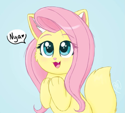 Size: 719x651 | Tagged: safe, artist:msaniiart, derpibooru import, fluttershy, pegasus, pony, cat ears, cute, daaaaaaaaaaaw, fangs, female, mare, nya, open mouth, shyabetes, signature, solo