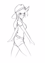 Size: 2952x4133 | Tagged: safe, artist:elstiv, derpibooru import, applejack, human, clothes, female, hat, lineart, monochrome, shorts, simple background, white background