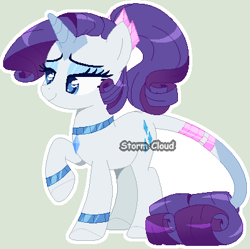 Size: 399x398 | Tagged: safe, artist:stormcloud-yt, derpibooru import, rarity, pony, unicorn, base used, bracelet, choker, eyelashes, horn, jewelry, leonine tail, raised hoof, raised leg, redesign, simple background, smiling, solo, tail