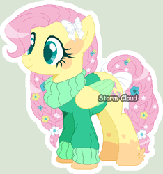 Size: 360x385 | Tagged: safe, artist:stormcloud-yt, derpibooru import, fluttershy, pegasus, pony, base used, clothes, female, flower, flower in hair, mare, redesign, simple background, solo, sweater