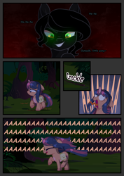 Size: 2894x4093 | Tagged: safe, artist:stormcloud-yt, derpibooru import, oc, oc only, pony, unicorn, bag, base used, comic, evil grin, female, filly, foal, grin, horn, offspring, open mouth, outdoors, parent:flash sentry, parent:twilight sparkle, parents:flashlight, running, saddle bag, scared, smiling, smirk, unicorn oc