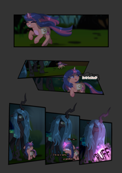 Size: 2894x4093 | Tagged: safe, artist:stormcloud-yt, derpibooru import, queen chrysalis, oc, changeling, changeling queen, unicorn, bag, base used, comic, female, filly, foal, forest, horn, looking back, offspring, outdoors, parent:flash sentry, parent:twilight sparkle, parents:flashlight, running, saddle bag, unicorn oc