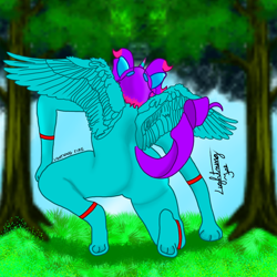 Size: 1080x1080 | Tagged: artist needed, safe, derpibooru import, oc, oc only, oc:maconha turquesa, anthro, unguligrade anthro, anthro oc, ass, butt, grass, rear view, signature, solo, spread wings, tail, tree, underhoof, wings