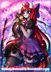 Size: 2893x4092 | Tagged: safe, artist:minamikoboyasy, derpibooru import, oc, oc only, oc:selune darkeye, anthro, cat, plantigrade anthro, unicorn, :3, anthro oc, body markings, bow, chains, cherry blossoms, clothes, coat markings, commission, cute, dress, ear fluff, ears, facial markings, female oc, flower, flower blossom, flowing hair, flowing mane, flowing tail, goth, hair, hair bow, halfbody, horn, jewelry, leaves, lips, moon, one eye closed, petals, purple eyes, redhead, rubbing cheeks, smiling, snip (coat marking), socks, solo, tail, thigh highs, thighs, tree, unicorn oc, whiskers
