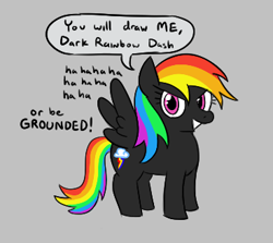 Size: 367x327 | Tagged: safe, artist:jargon scott, derpibooru import, rainbow dash, oc, oc:dark rainbow dash, pegasus, pony, aggie.io, dialogue, exclamation point, female, gray background, laughing, looking at you, mare, open mouth, open smile, simple background, smiling, speech bubble, spread wings, talking, talking to viewer, text, wings