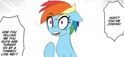 Size: 1575x727 | Tagged: safe, derpibooru import, rainbow dash, pegasus, pony, bronybait, cute, dashabetes, dialogue, drawthread, female, mare, meme, open mouth, ponified, ponified meme, requested art, solo, surprised, tomboy