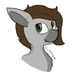Size: 1058x1082 | Tagged: safe, artist:lil_vampirecj, derpibooru import, oc, oc:cj vampire, earth pony, pony, art, artwork, brown mane, bust, colored, colored sketch, digital art, ears back, fangs, green eyes, grey fur, krita, looking at you, photo, portrait, sketch, smiling, smiling at you, solo