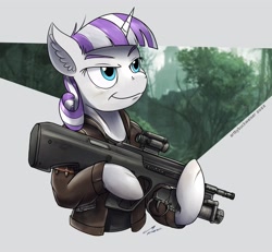 Size: 1920x1772 | Tagged: safe, artist:buckweiser, derpibooru import, twilight velvet, unicorn, series:daring did tales of an adventurer's companion, assault rifle, badass, clothes, commission, grenade launcher, gun, jacket, leather jacket, rifle, scar, smiling, smirk, solo, steyr aug, steyr aug a3, weapon, ych result