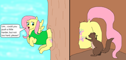 Size: 1930x922 | Tagged: safe, artist:goofermutt, derpibooru import, fluttershy, squirrel, butt, cute, pushing, shyabetes, stuck, tree