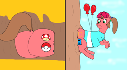 Size: 1609x886 | Tagged: safe, artist:goofermutt, artist:red-supernova64, derpibooru import, oc, oc:nintendy, balloon, butt, food, honey, nintendo, plot, stuck, the ass was fat