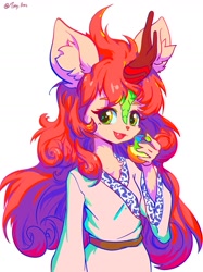 Size: 967x1290 | Tagged: safe, artist:tinybenz, derpibooru import, autumn blaze, anthro, kirin, apple, clothes, cute, cute little fangs, ear fluff, ears, fangs, food, hanfu, looking at you, robe, simple background, solo, white background, zap apple