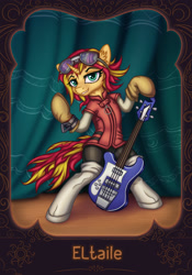 Size: 1886x2700 | Tagged: safe, artist:alrumoon_art, artist:eltaile, derpibooru import, sunset shimmer, pony, semi-anthro, unicorn, anime, bipedal, bracelet, clothes, cosplay, costume, female, flcl, goggles, guitar, haruhara haruko, jewelry, mare, musical instrument, solo, sunset cosplay flashmob