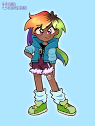 Size: 2110x2780 | Tagged: safe, artist:seasemissary, derpibooru import, rainbow dash, human, blue background, chibi, clothes, cute, dark skin, dashabetes, hoodie, humanized, shorts, simple background, solo