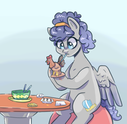 Size: 1259x1230 | Tagged: safe, artist:smirk, derpibooru import, oc, oc only, bird, pegasus, pony, rooster, clay, figurine, headband, mouth hold, paintbrush, painting, simple background, sitting, solo, table, unnamed oc