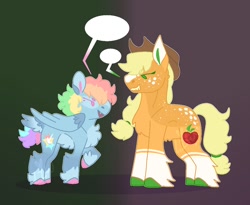 Size: 1100x900 | Tagged: safe, artist:lepz_weird, derpibooru import, applejack, rainbow dash, earth pony, pegasus, pony, alternate cutie mark, alternate design, chest fluff, coat markings, duo, redesign, socks (coat marking), speech bubble