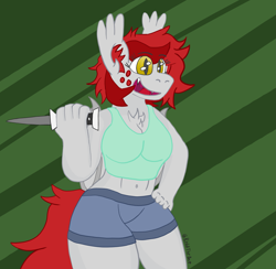 Size: 2285x2229 | Tagged: safe, artist:reddthebat, ponerpics import, oc, oc:reddthebat, anthro, bat pony, bat pony oc, clothes, colored, fangs, female, freckles, knife, mare, shorts, slit eyes, solo, tail, tanktop