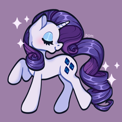 Size: 900x900 | Tagged: safe, artist:pompomamy, derpibooru import, rarity, pony, unicorn, eyes closed, female, mare, raised hoof, raised leg, signature, simple background, smiling, solo