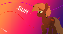 Size: 7572x4080 | Tagged: safe, artist:fededash, derpibooru import, oc, oc only, oc:sun, unicorn, gradient background, horn, solo, unicorn oc