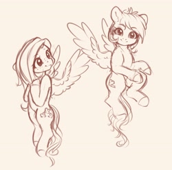 Size: 4096x4064 | Tagged: safe, artist:miokomata, derpibooru import, fluttershy, rainbow dash, pegasus, pony, absurd resolution, duo, female, flying, freckles, freckleshy, looking at you, mare, monochrome, sepia, simple background, sketch, smiling, smiling at you