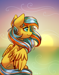 Size: 2328x2964 | Tagged: safe, artist:dandy, derpibooru import, oc, oc only, oc:ocean breeze, pegasus, pony, female, looking away, ocean, pegasus oc, questionable source, solo, sunset, water, wings