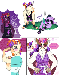 Size: 2200x2800 | Tagged: safe, artist:theartfox2468, derpibooru import, fizzlepop berrytwist, tempest shadow, oc, oc:athena, oc:ignatius spark, oc:solar flare, anthro, dracony, hybrid, unguligrade anthro, artificial horn, clothes, comic, crystal horn, dialogue, dress, facial hair, female, flexing, floating heart, goatee, hand on hip, heart, horn, horns, interspecies offspring, male, mare, offspring, parent:discord, parent:princess celestia, parent:rarity, parent:spike, parent:starlight glimmer, parent:sunburst, parents:dislestia, parents:sparity, parents:starburst, push-ups, simple background, speech bubble, stallion, tempest gets her horn back, white background