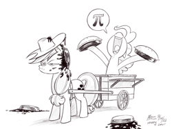 Size: 1200x900 | Tagged: safe, artist:mellodillo, derpibooru import, applejack, pinkie pie, earth pony, pony, applejack is not amused, black and white, cart, duo, female, food, frown, grayscale, mare, messy, monochrome, nose in the air, open mouth, open smile, pi, pi day, pie, pinkie pi, pun, simple background, smiling, speech bubble, squint, unamused, volumetric mouth, white background