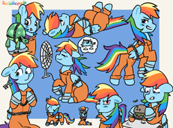 Size: 1280x943 | Tagged: safe, artist:scribblespark, derpibooru import, rainbow dash, tank, pegasus, pony, bored, bound wings, chained, chains, clothes, cuffs, eyes closed, fan, food, grossed out, key, prison outfit, prisoner rd, shackles, wings