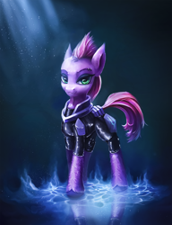 Size: 2050x2664 | Tagged: safe, artist:stdeadra, derpibooru import, tempest shadow, pony, unicorn, armor, blue background, eyebrow piercing, female, high res, lightning, looking at you, magic, mare, piercing, purple hair, reflection, shadow, simple background, smiling, smiling at you, solo, speedpaint