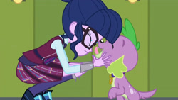 Size: 3410x1920 | Tagged: safe, derpibooru import, screencap, sci-twi, spike, spike the regular dog, twilight sparkle, dog, equestria girls, friendship games, cute, duo, eyes closed, female, glasses, high res, licking, lockers, magic capture device, male, open mouth, open smile, smiling, spikabetes, tongue, tongue out