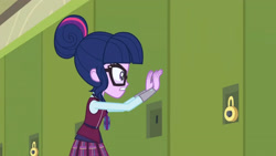 Size: 3410x1920 | Tagged: safe, derpibooru import, screencap, sci-twi, twilight sparkle, equestria girls, friendship games, female, glasses, high res, lockers, magic capture device, solo