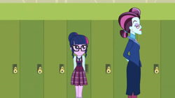 Size: 3410x1920 | Tagged: safe, derpibooru import, screencap, principal abacus cinch, sci-twi, twilight sparkle, equestria girls, friendship games, duo, duo female, eyes closed, female, glasses, high res, lockers, magic capture device