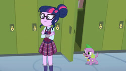 Size: 3410x1920 | Tagged: safe, derpibooru import, screencap, sci-twi, spike, spike the regular dog, twilight sparkle, dog, equestria girls, friendship games, duo, female, glasses, high res, lockers, magic capture device, male, open mouth