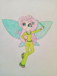 Size: 864x1152 | Tagged: safe, artist:wildguardianangel31, derpibooru import, fluttershy, equestria girls, barely eqg related, bracelet, clothes, crossover, fairy, fairy wings, fairyized, fern the green fairy, geode of fauna, green clothes, green wings, hairpin, jewelry, looking away, magic wand, magical geodes, necklace, rainbow magic (series), shoes, solo, traditional art, wings