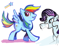 Size: 600x470 | Tagged: safe, artist:sukaponta, derpibooru import, rainbow dash, rarity, pegasus, pony, unicorn, bipedal, duo, female, horn, looking at you, mare, rainbow, simple background, spread wings, stars, white background, wings