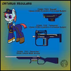 Size: 1024x1024 | Tagged: safe, artist:dice-warwick, derpibooru import, pony, fallout equestria, fallout equestria: dance of the orthrus, clothes, fanfic art, gun, mirage pony, rifle, solo, uniform, weapon