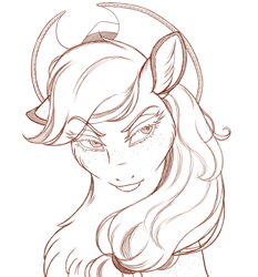 Size: 1852x1988 | Tagged: safe, artist:silverwolf866, derpibooru import, applejack, earth pony, pony, bust, chest fluff, ear fluff, ears, eyebrows, eyebrows visible through hair, female, freckles, looking away, mare, monochrome, simple background, sketch, solo, white background, wip