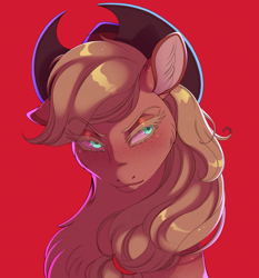 Size: 1852x1988 | Tagged: safe, artist:silverwolf866, derpibooru import, applejack, earth pony, pony, bust, chest fluff, ear fluff, ears, eyebrows, eyebrows visible through hair, female, freckles, looking away, mare, red background, simple background, solo, white background