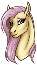 Size: 436x755 | Tagged: safe, artist:dachiia, derpibooru import, fluttershy, pegasus, pony, bust, female, mare, simple background, smiling, solo, transparent background