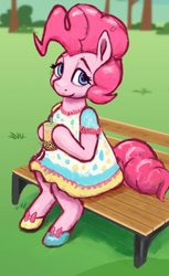 Size: 2000x3260 | Tagged: safe, artist:dummyhorse, derpibooru import, pinkie pie, semi-anthro, aside glance, bench, bubble tea, clothes, cup, dress, female, high res, hoof hands, hoof hold, looking at you, outdoors, shoes, sitting, solo