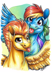 Size: 2480x3455 | Tagged: safe, artist:lupiarts, derpibooru import, rainbow dash, spitfire, pegasus, pony, 666, :p, adorable face, commission, cute, drawing, duo, female, illustration, lesbian, looking at you, mlem, shipping, silly, spitdash, spread wings, tongue, tongue out, traditional art, wings, wonderbolts