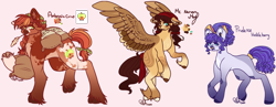 Size: 3100x1200 | Tagged: safe, artist:kittenkat20022, derpibooru import, oc, oc only, oc:ambrosia crisp, oc:mc nervous may, oc:prudence huckleberry, earth pony, pegasus, pony, bandana, bow, braid, coat markings, earth pony oc, female, hair bow, magical lesbian spawn, mare, nose piercing, nose ring, offspring, parent:applejack, parent:big macintosh, parent:fluttershy, parent:rarity, parent:trouble shoes, parents:fluttermac, parents:rarijack, parents:troubleshy, pegasus oc, piercing, pink background, sack, simple background, straw in mouth, tail, tail wrap, trio, unshorn fetlocks, white background