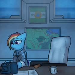 Size: 800x800 | Tagged: safe, artist:captainhoers, derpibooru import, rainbow dash, pegasus, pony, the sunjackers, bag, coffee mug, desk, female, mare, mug, older, older rainbow dash, solo