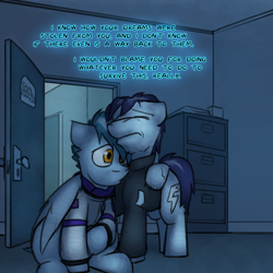 Size: 800x800 | Tagged: safe, artist:captainhoers, derpibooru import, soarin', oc, oc:concorde, pegasus, pony, the sunjackers, duo, eyes closed, father and child, hug, male, office, offscreen character, offspring, older, older soarin', parent and child, parent:soarin', parent:spitfire, parents:soarinfire, stallion, winghug, wings